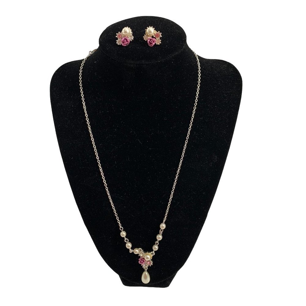 SAO Necklace Earring Set Silver Tone Rose Rhinestones Faux Pearl 20" Adjustable